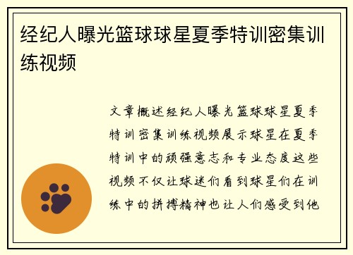 经纪人曝光篮球球星夏季特训密集训练视频